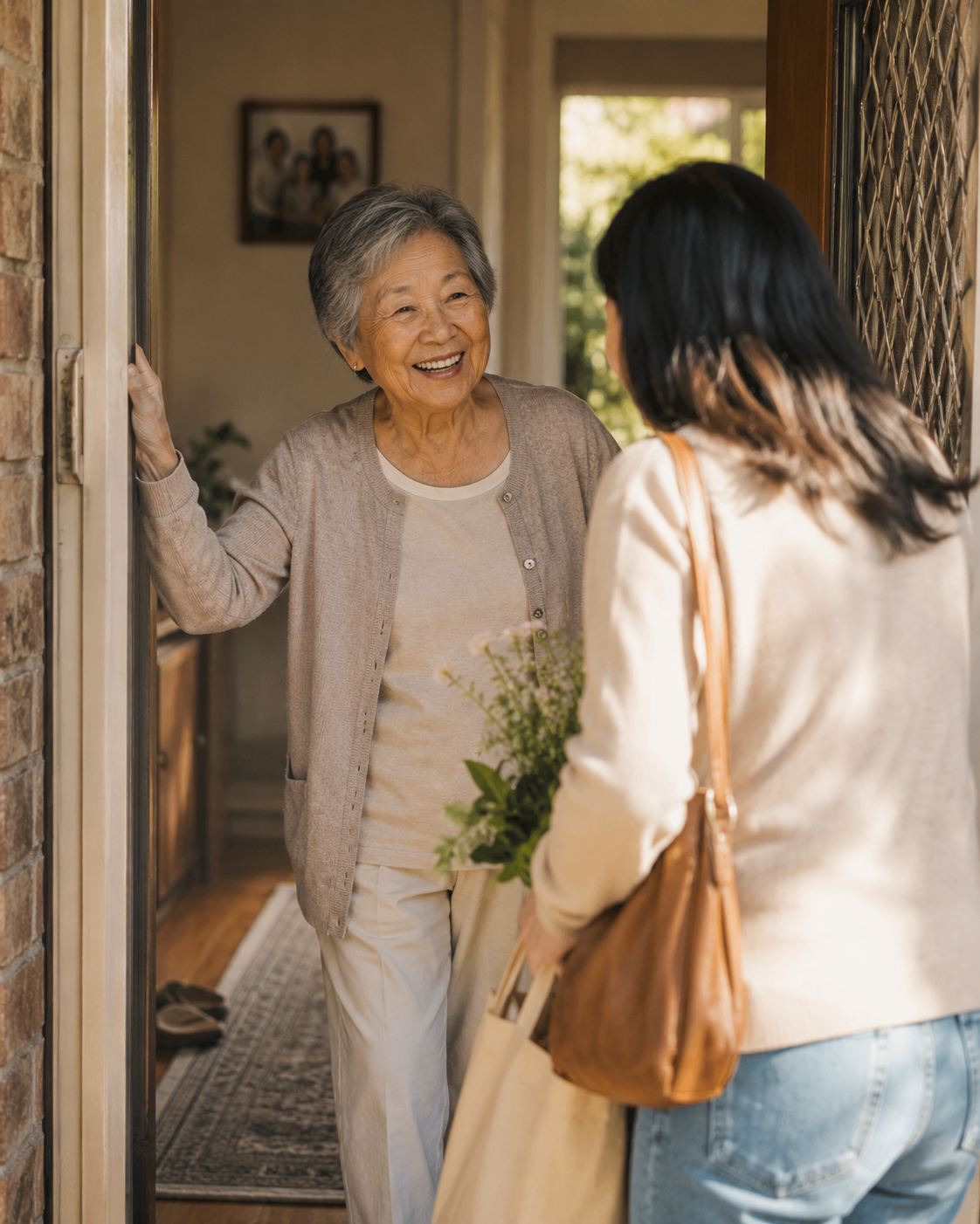 Elderly mother welcoming her adult daughter home