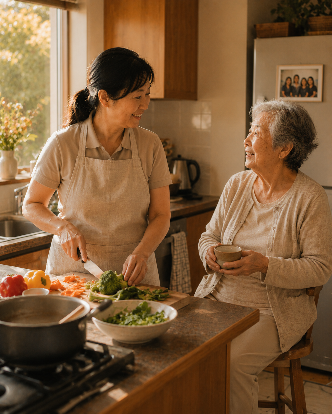 A carer helping prepare a meal at home